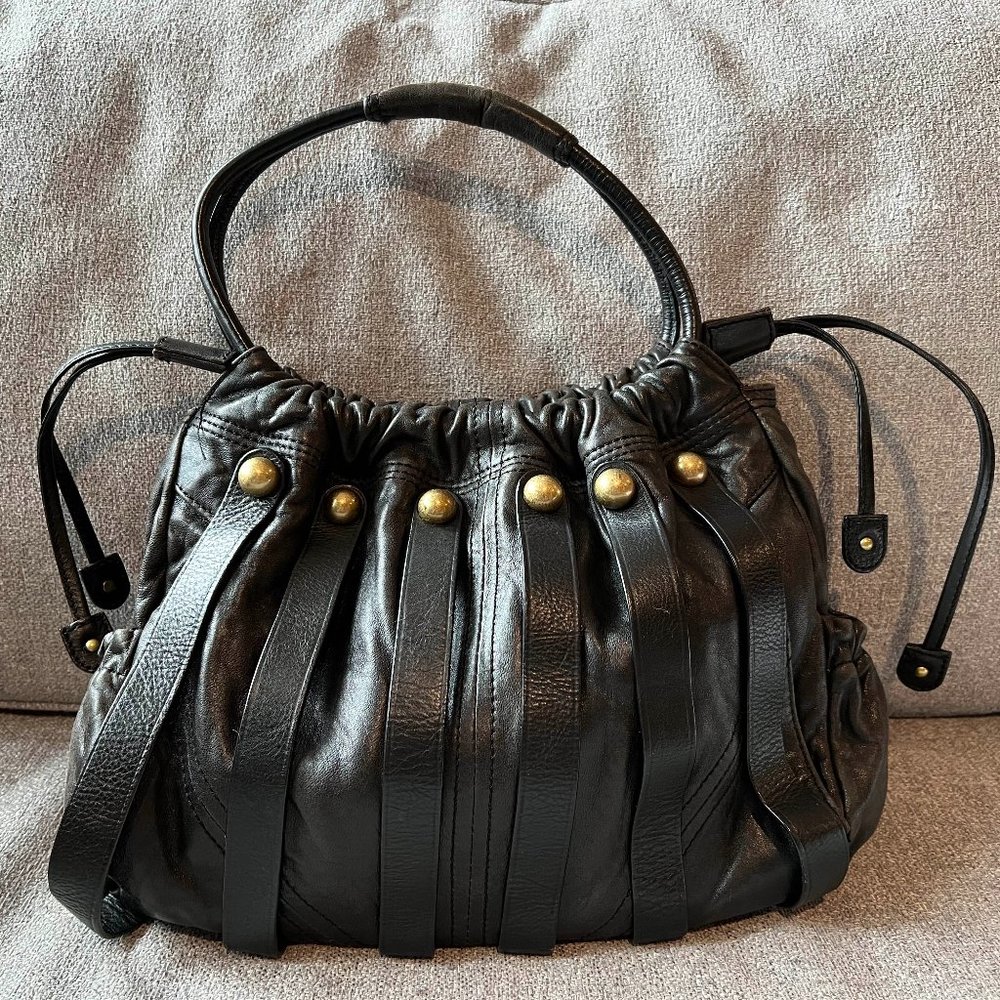 Botkier Black Leather Shoulder Bag Satchel | Hobo | Brass Studs | Drawstring